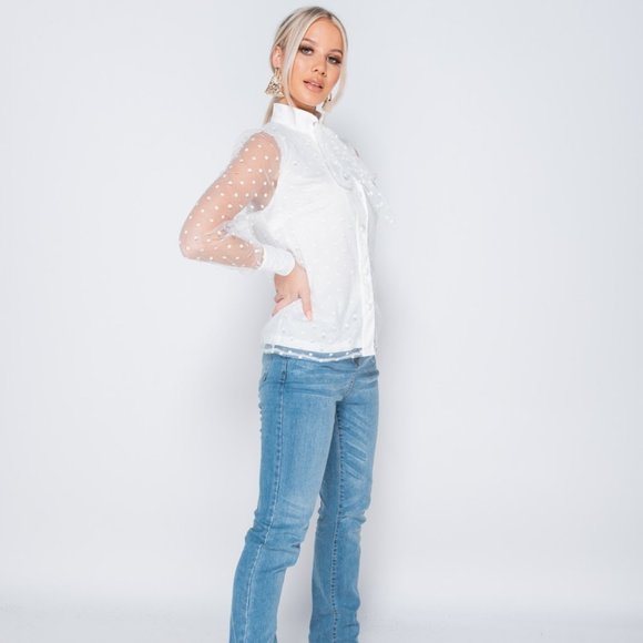 Polka Dot High Neck Long Sleeve Pussy Bow Blouse - Picture 3 of 7